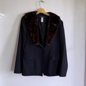 Vintage Jones New York Faux Fur Collar Pinstripe Blazer Jacket Brown Navy